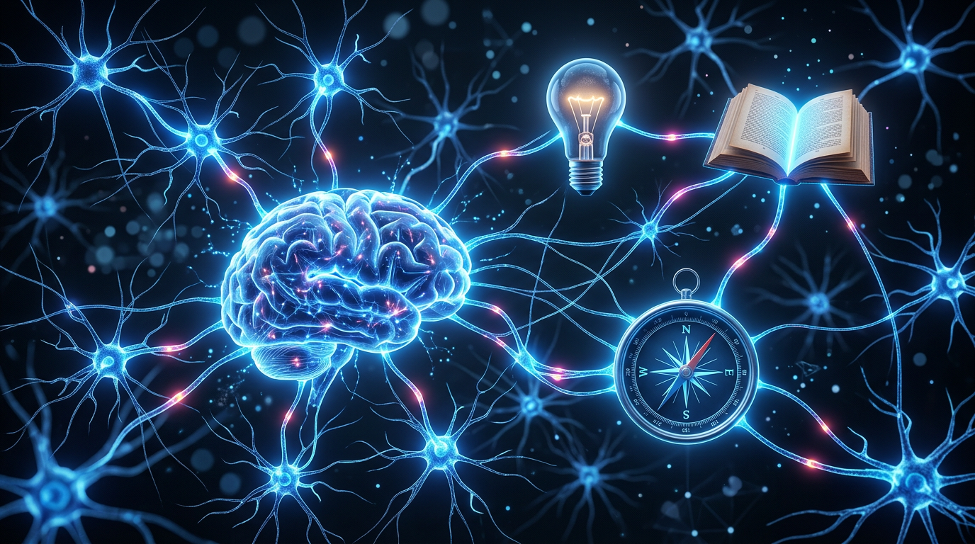 Um infográfico minimalista mostrando a conexão entre neurônios e símbolos de conhecimento (lâmpada, livro, cérebro, bússola) em tons de azul e neon.