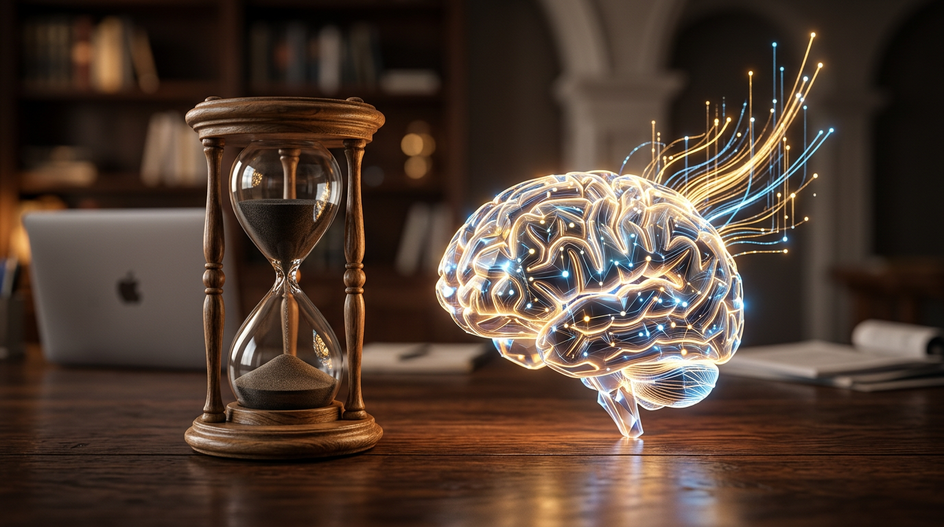 Um relógio de areia ao lado de um cérebro estilizado, ilustrando a gestão do tempo e a otimização cognitiva exponencial.