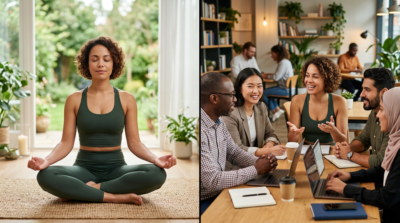 A split-screen style illustration: on one side, a person meditating peacefully; on the other, the same person engaged in a stimulating conversation with a diverse group of people.