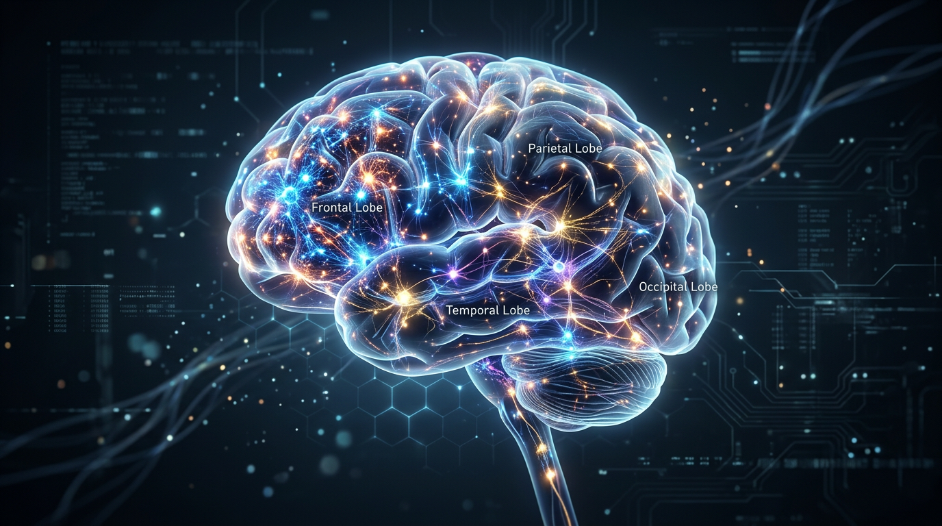 Uma representação artística e futurista de uma rede neural brilhante conectando diferentes áreas do cérebro humano em um fundo escuro e tecnológico.