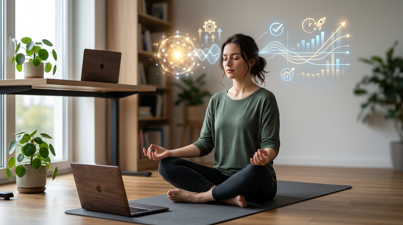 Uma pessoa praticando meditação profunda ou foco intenso, com sobreposições gráficas simbolizando clareza mental e aumento de produtividade.