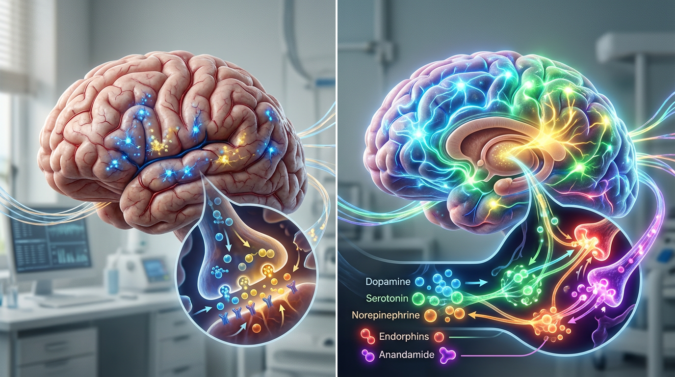Infográfico comparativo mostrando o cérebro em 'estado comum' versus o cérebro em 'estado de flow', destacando a atividade neuroquímica.