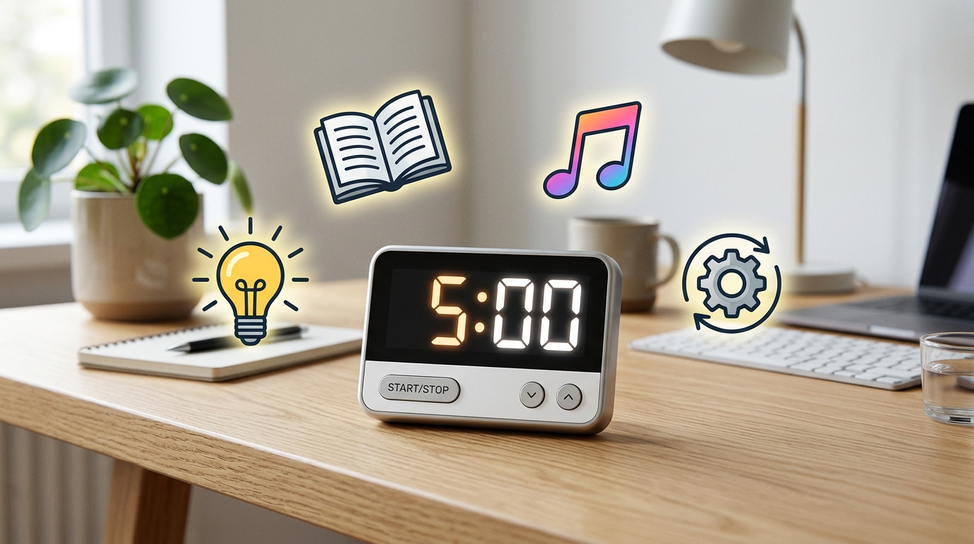 A minimalist infographic showing a timer at 5:00 and various icons like a lightbulb, a book, and a musical note to represent fast cognitive boosts.