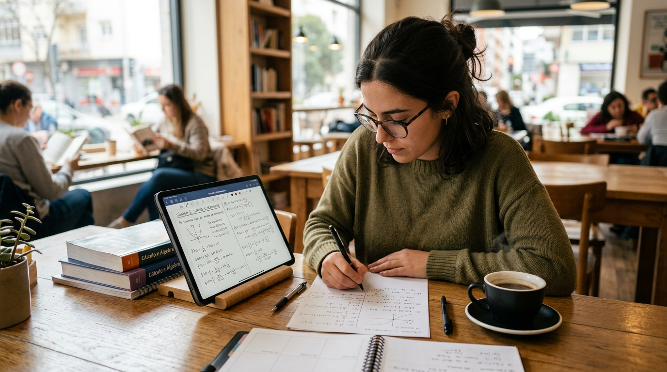 Uma pessoa estudando matemática de forma organizada, com um tablet, papel rascunho e um café, em um ambiente bem iluminado.