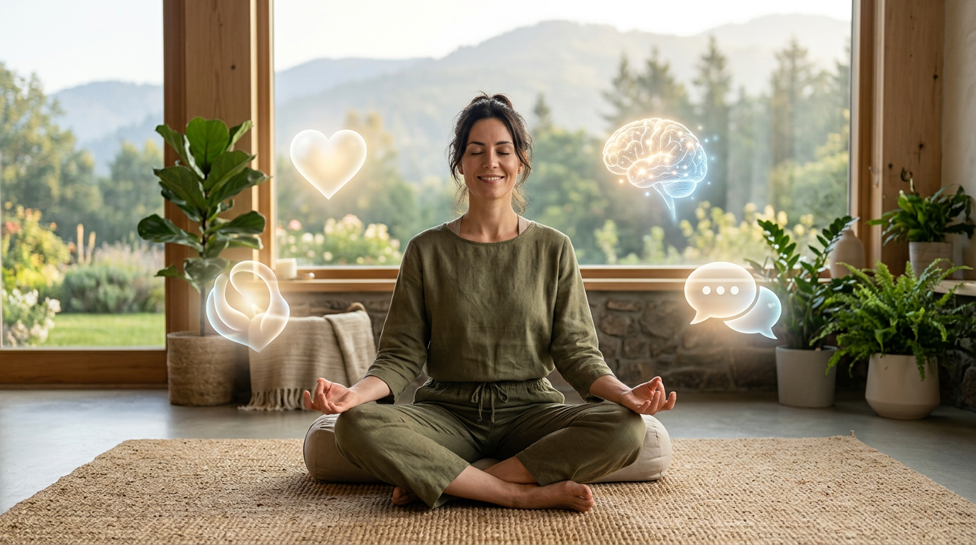 Uma pessoa sentada em posição de meditação em um ambiente calmo, com ícones flutuantes suaves representando emoções como um coração, um cérebro e balões de diálogo, simbolizando o equilíbrio mental.