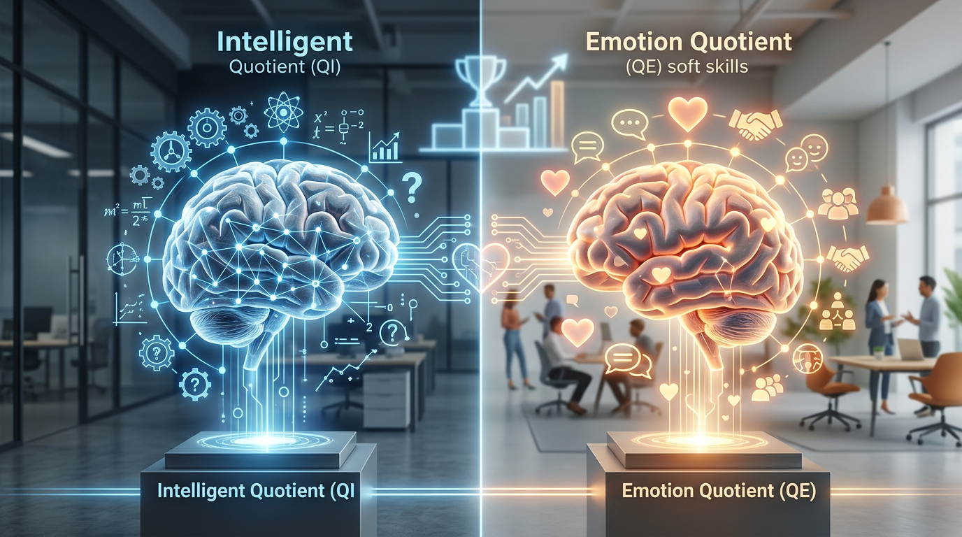 Um gráfico infográfico elegante comparando o Quociente de Inteligência (QI) com o Quociente Emocional (QE), destacando que ambos são necessários para o sucesso profissional.
