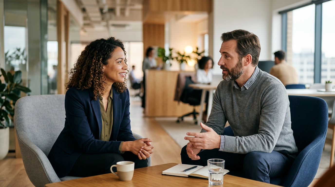 Duas pessoas conversando de forma empática em um ambiente de escritório moderno, com foco na escuta ativa e na conexão visual.