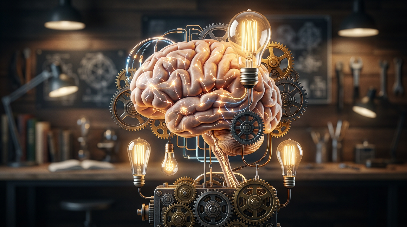 Uma ilustração conceitual do cérebro humano conectado a engrenagens e lâmpadas, representando o processo de aprendizado e inteligência.