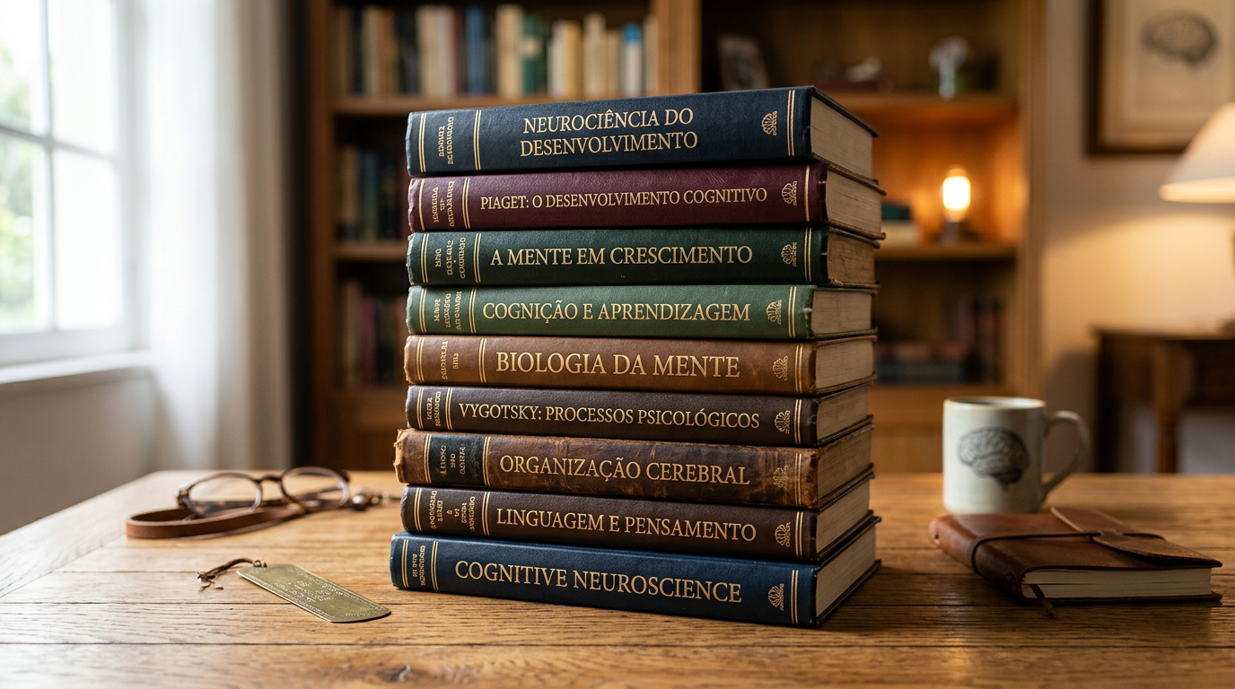 Um infográfico estilizado mostrando uma pilha de livros clássicos sobre desenvolvimento cognitivo e neurociência.