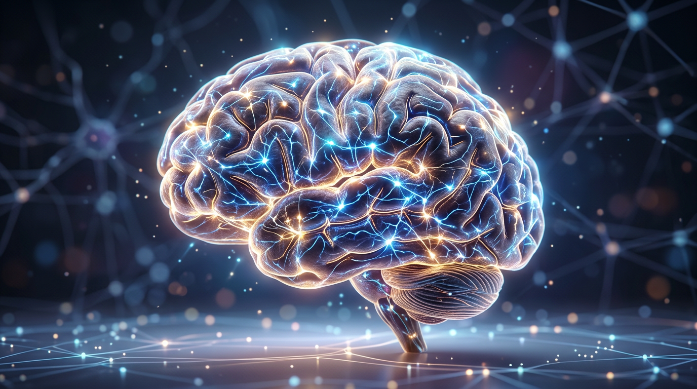 Uma ilustração realista de um cérebro humano com conexões neurais brilhantes, simbolizando a plasticidade cerebral e a inteligência em desenvolvimento.