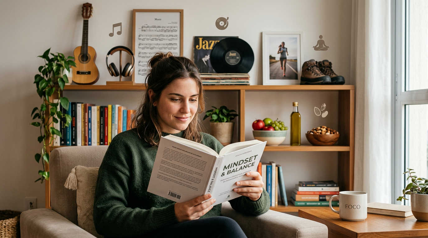 Uma pessoa concentrada lendo um livro físico enquanto ao fundo há símbolos de música, esportes e alimentação saudável, representando o estilo de vida cognitivo.