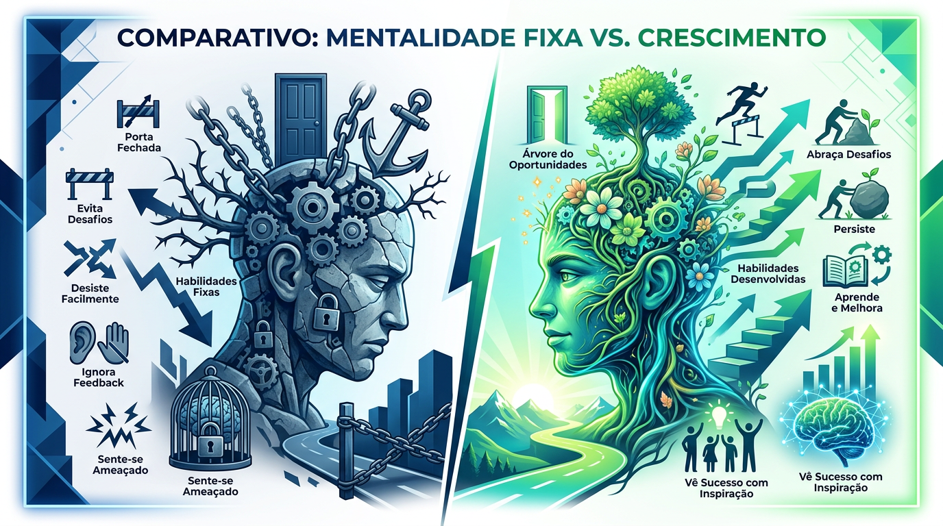 Um infográfico comparativo mostrando a diferença entre a mentalidade fixa e a mentalidade de crescimento (growth mindset) em tons de azul e verde.