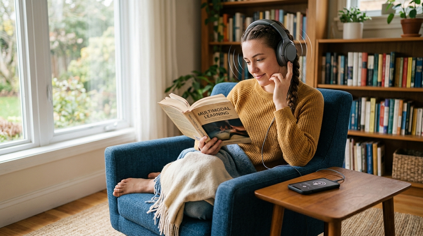 Uma pessoa lendo um livro enquanto fones de ouvido sugerem um podcast, simbolizando diferentes formas de absorção de conhecimento.