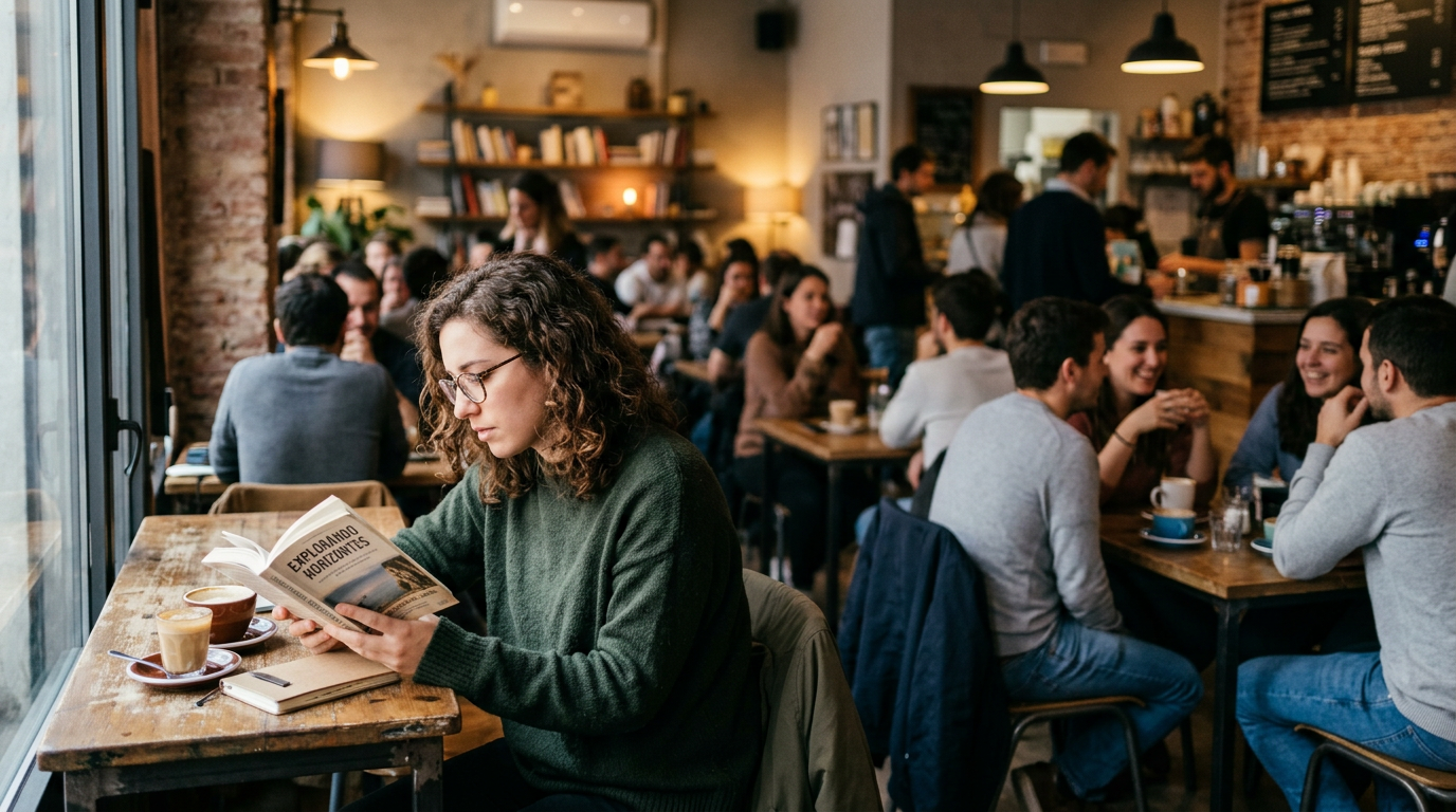 Uma pessoa solitária lendo um livro em um café movimentado, mantendo foco total enquanto outros interagem ao fundo, simbolizando curiosidade e foco.