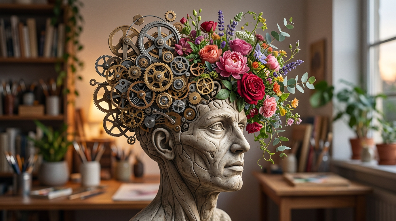 Uma ilustração conceitual de uma cabeça humana de onde brotam engrenagens e flores, representando a conexão entre lógica e criatividade.