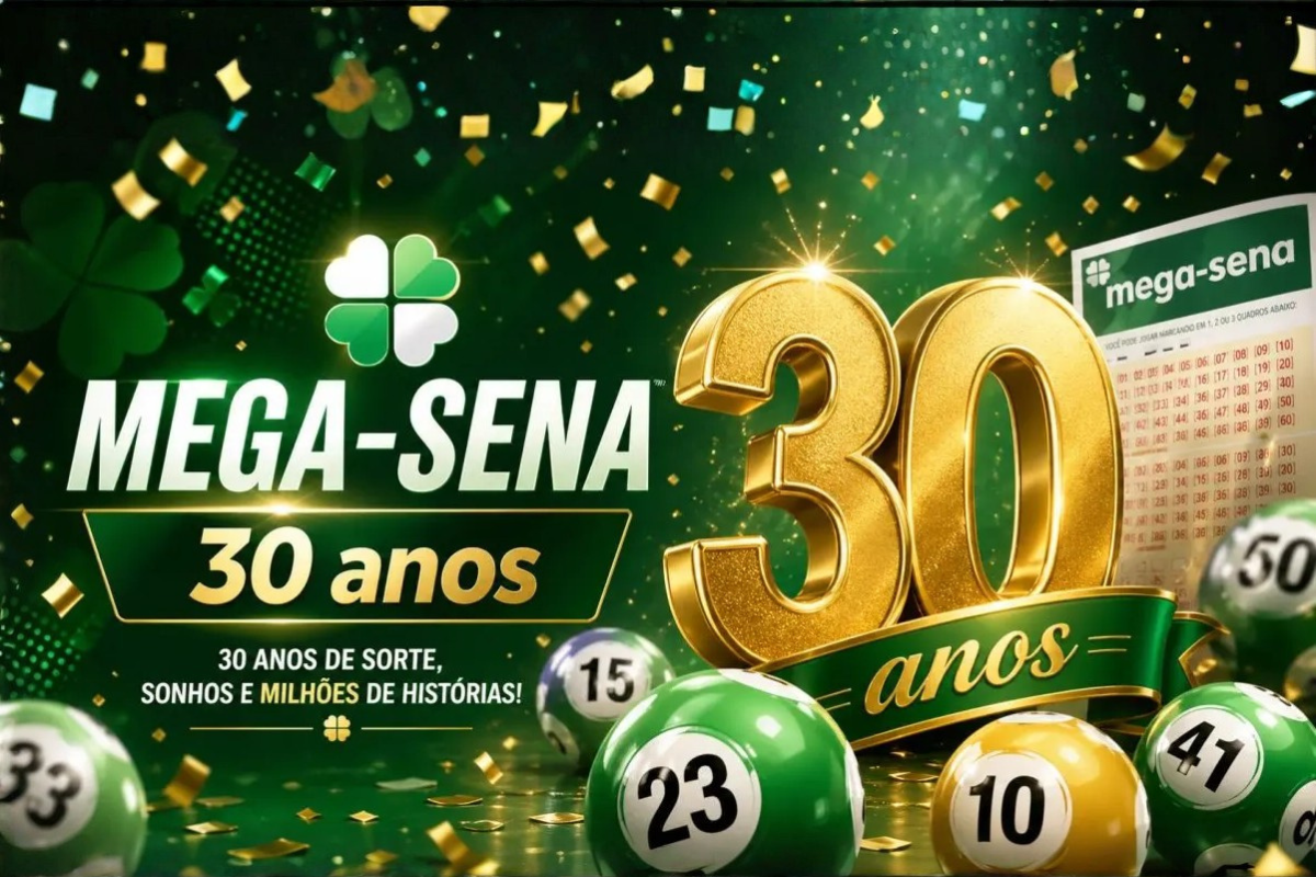 Bilhete da Mega-Sena comemorativa de 30 anos sobre mesa com moedas, representando o prêmio de R$ 300 milhões